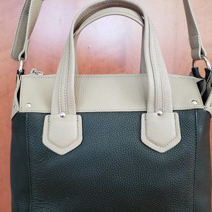 Perlina Genuine Leather Satchel Handbag Purse Black with Beige Trim NWT